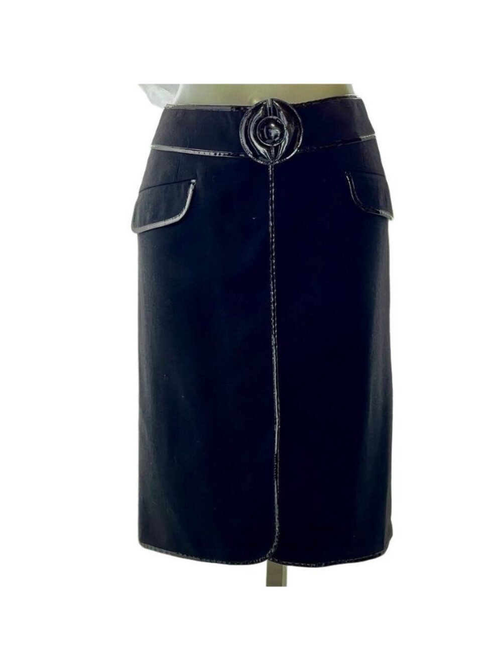 Per Se Black Wool Blend Pencil Skirt With Patent Trim & Front Buckle Detail US 8
